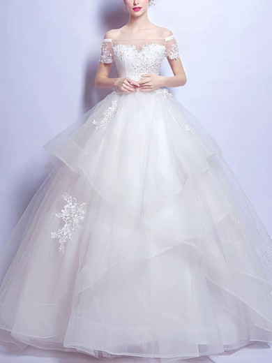 Ball Gown Off-the-shoulder Organza Floor-length Wedding Dresses With Appliques Lace #Milly00022889