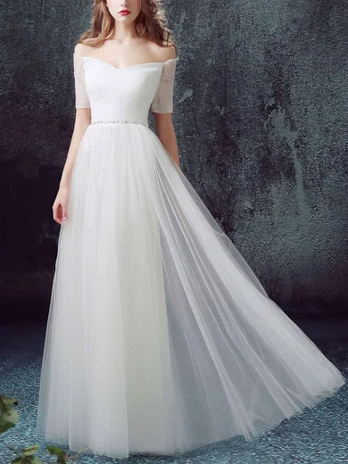A-line Off-the-shoulder Tulle Floor-length Wedding Dresses With Beading #Milly00022890