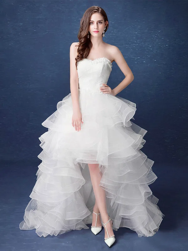 A-line Sweetheart Organza Asymmetrical Wedding Dresses With Tiered #Milly00022892