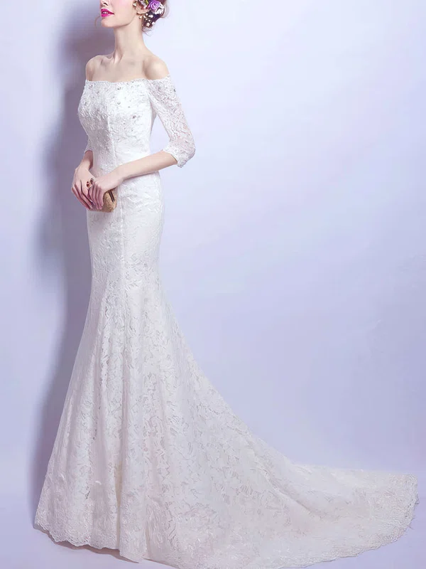 Fabulous Trumpet/Mermaid Off-the-shoulder Lace Sweep Train Beading 3/4 Sleeve Wedding Dresses #Milly00022893