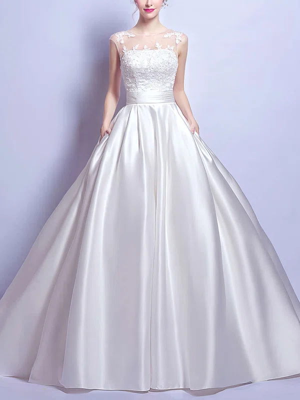 Ball Gown Scoop Neck Satin Tulle Court Train Appliques Lace Classic Wedding Dresses #Milly00022894
