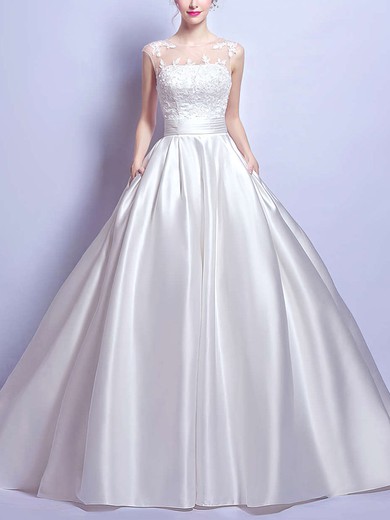 Ball Gown Illusion Satin Court Train Wedding Dresses With Pockets #Milly00022894
