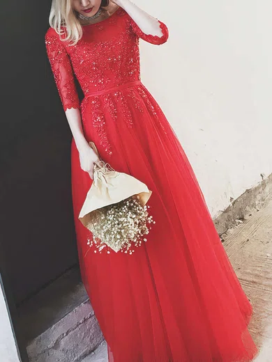 A-line Scoop Neck Tulle Floor-length Appliques Lace Prom Dresses #Milly020103660