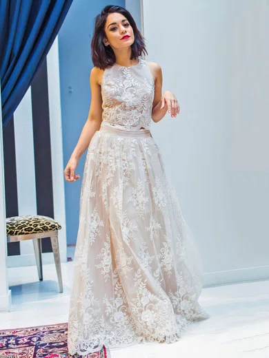 A-line Scoop Neck Tulle Floor-length Appliques Lace Prom Dresses #Milly020103661