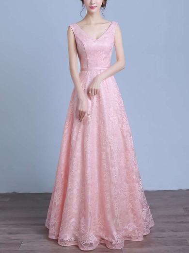 A-line V-neck Lace Floor-length Sashes / Ribbons Prom Dresses #Milly020103667