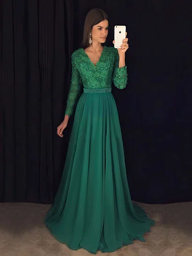 A-line V-neck Chiffon Sweep Train Appliques Lace Prom Dresses #Milly020103677