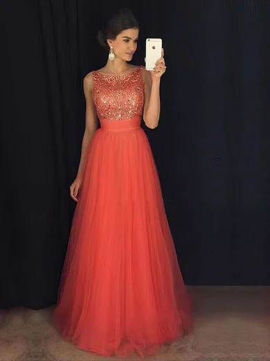 Princess Scoop Neck Tulle Floor-length Beading Prom Dresses #Milly020103678