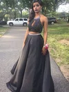 Sexy A-line Halter Silk-like Satin Sweep Train Beading Black Two Piece Prom Dresses #Milly020103679
