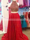 A-line High Neck Silk-like Satin Sweep Train Beading Prom Dresses #Milly020103680
