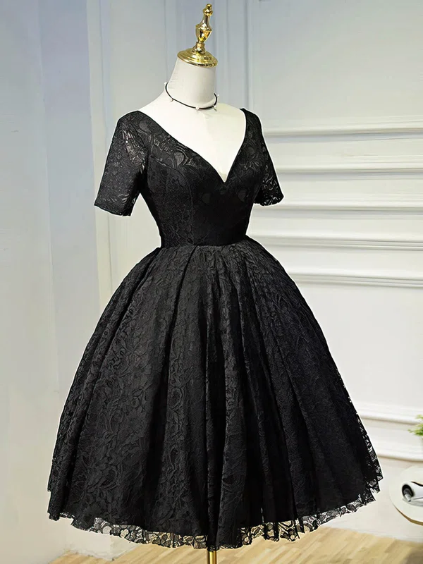 A-line V-neck Lace Short/Mini Ruffles Black Short Sleeve Backless Vintage Prom Dresses #Milly020103687