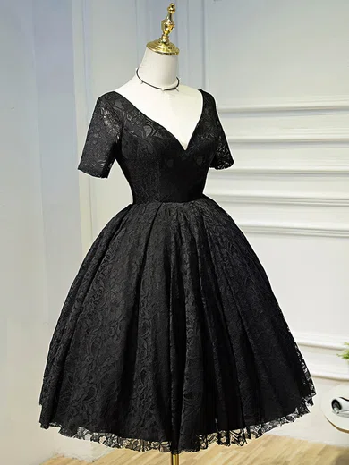 Black A-line V-neck Lace Modest Prom Dresses With Sleeve #Milly020103687