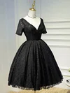 A-line V-neck Lace Short/Mini Ruffles Black Short Sleeve Backless Vintage Short Prom Dresses #Milly020103687