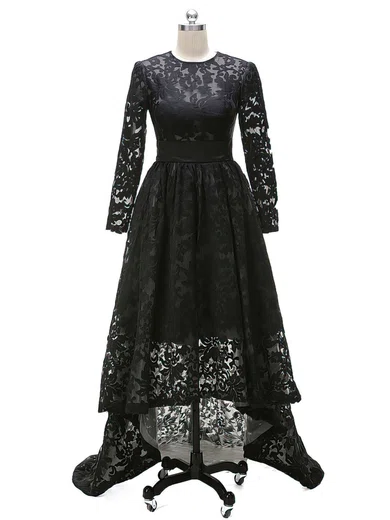 Black Ball Gown Illusion Asymmetrical Lace Prom Dresses #Milly020103691