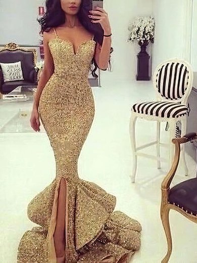 Trumpet/Mermaid Sweep Train V-neck Sequined Split Front Prom Dresses #Milly020103699