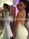 Trumpet/Mermaid High Neck Tulle Sweep Train Pearl Detailing Prom Dresses #Milly020103704