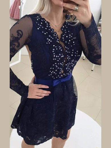 New A-line Scoop Neck Lace Tulle Short/Mini Beading Dark Navy Long Sleeve Prom Dresses #Milly020103709