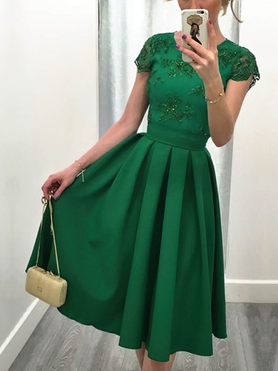 Casual A-line Scoop Neck Satin Tulle Knee-length Appliques Lace Backless Short Sleeve Short Prom Dresses #Milly020103716