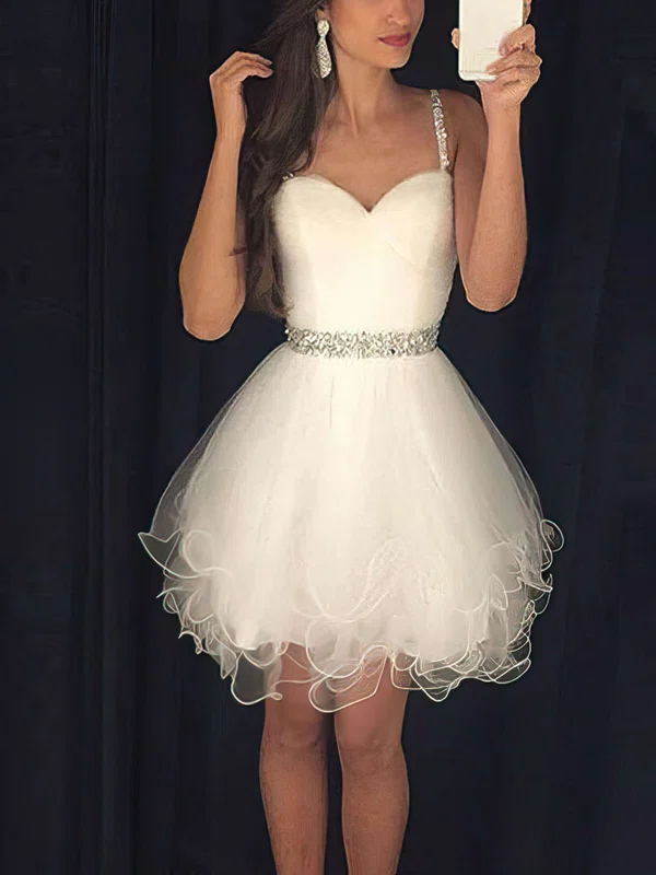 A-line Sweetheart Tulle Short/Mini Beading Short Prom Dresses #Milly020103722