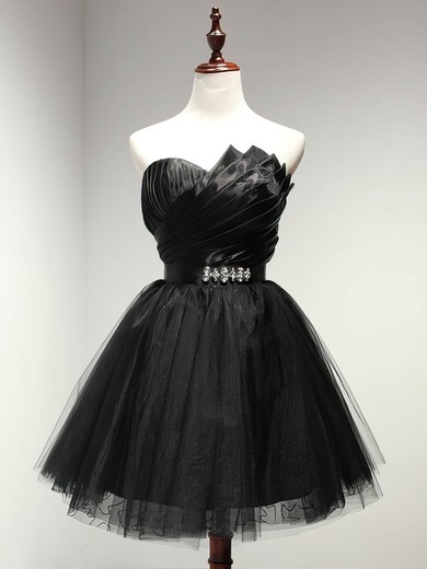 A-line Sweetheart Tulle Short/Mini Sashes / Ribbons Black Girls Prom Dresses #Milly020103728