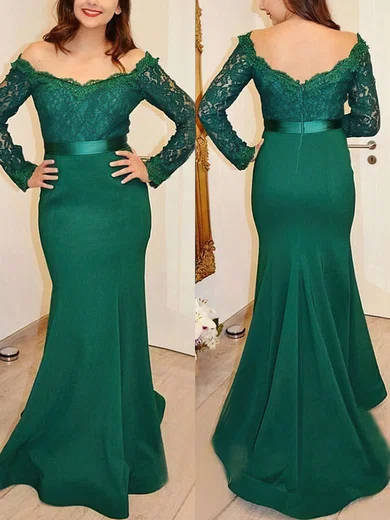 Trumpet/Mermaid Off-the-shoulder Lace Silk-like Satin Sweep Train Sashes / Ribbons Prom Dresses #Milly020103731