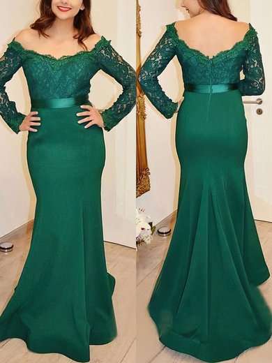 Trumpet/Mermaid Off-the-shoulder Lace Silk-like Satin Sweep Train Sashes / Ribbons Prom Dresses #Milly020103731