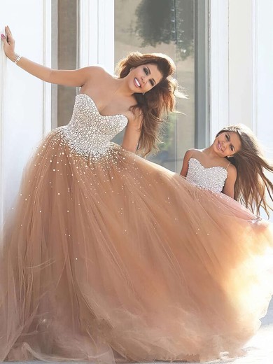 Princess Sweetheart Tulle Sweep Train Beading Prom Dresses #Milly020103734
