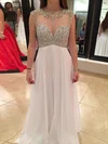 A-line Scoop Neck Chiffon Sweep Train Beading Prom Dresses #Milly020103737