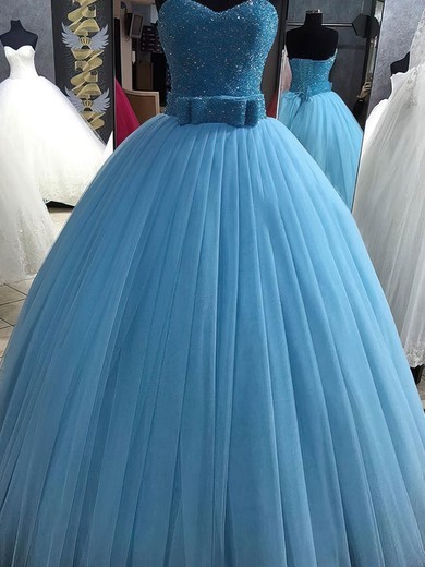 Ball Gown Sweetheart Tulle Floor-length Sashes / Ribbons Blue Vintage Prom Dresses #Milly020103738