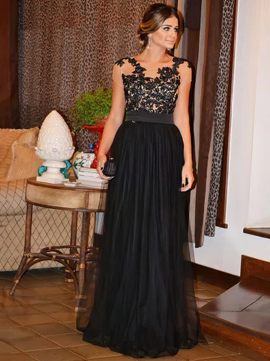 A-line Scoop Neck Tulle Floor-length Appliques Lace Prom Dresses #Milly020103739