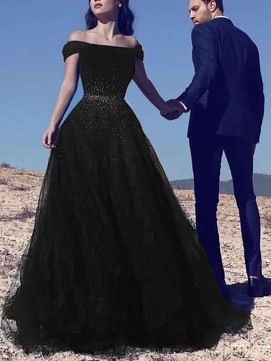 Princess Off-the-shoulder Tulle Sweep Train Beading Prom Dresses #Milly020103740