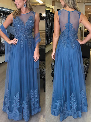 A-line Scoop Neck Tulle Floor-length Beading Prom Dresses #Milly020103741