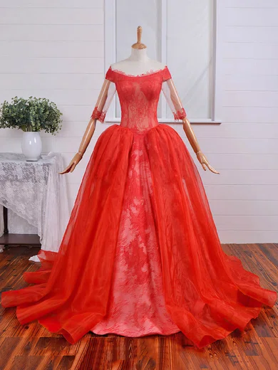 Ball Gown Off-the-shoulder Lace Tulle Prom Dresses With Appliques #Milly020103748