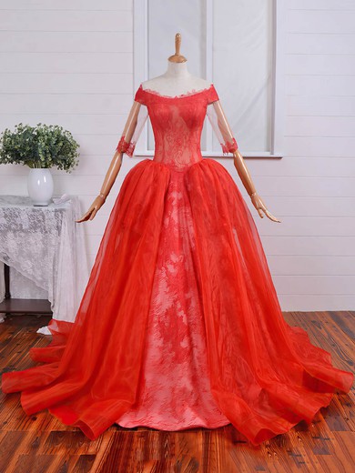 Classic Ball Gown Off-the-shoulder Lace Organza Tulle Court Train Appliques Lace 1/2 Sleeve Prom Dresses #Milly020103748