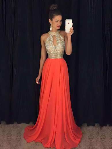 A-line High Neck Chiffon Sweep Train Beading Prom Dresses #Milly020103750