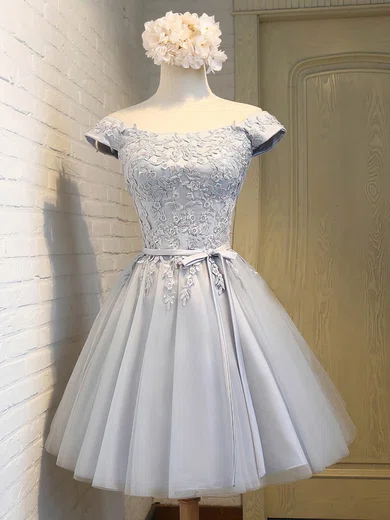 A-line Off-the-shoulder Satin Tulle Modest Prom Dresses With Appliques #Milly020103756