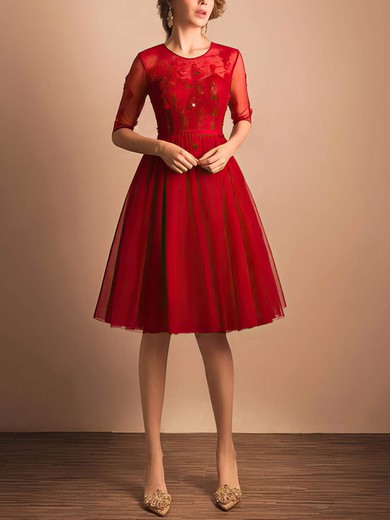 Online A-line Scoop Neck Tulle Knee-length Sashes / Ribbons Red 1/2 Sleeve Short Prom Dresses #Milly020103757
