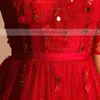 Online A-line Scoop Neck Tulle Knee-length Sashes / Ribbons Red 1/2 Sleeve Prom Dresses #Milly020103757