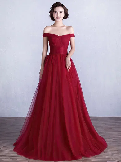 Princess Off-the-shoulder Tulle Floor-length Ruffles Prom Dresses #Milly020103763