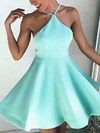 A-line Halter Satin Short/Mini Ruffles Backless Casual Short Prom Dresses #Milly020103769