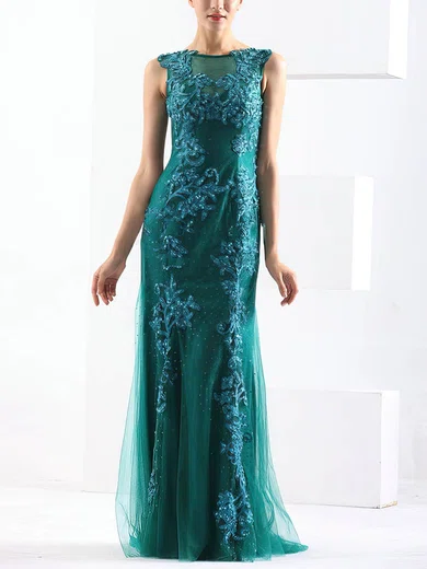 Sheath/Column Scoop Neck Tulle Sweep Train with Beading Prom Dresses #Milly020103791