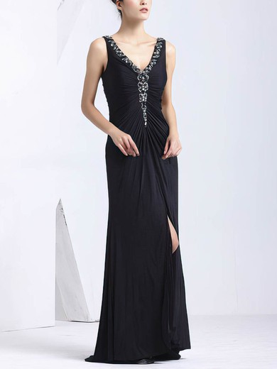 Sheath/Column V-neck Chiffon Sweep Train with Split Front Prom Dresses #Milly020103822
