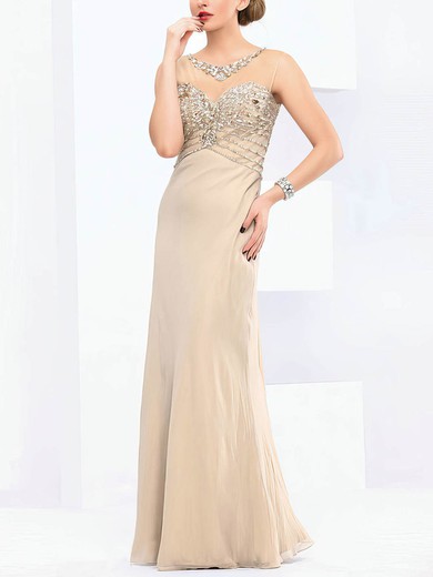 Sheath/Column Scoop Neck Tulle Chiffon Floor-length with Crystal Detailing Prom Dresses #Milly020103825
