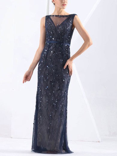 Sheath/Column Scoop Neck Tulle Lace Sweep Train with Sashes / Ribbons Prom Dresses #Milly020103826