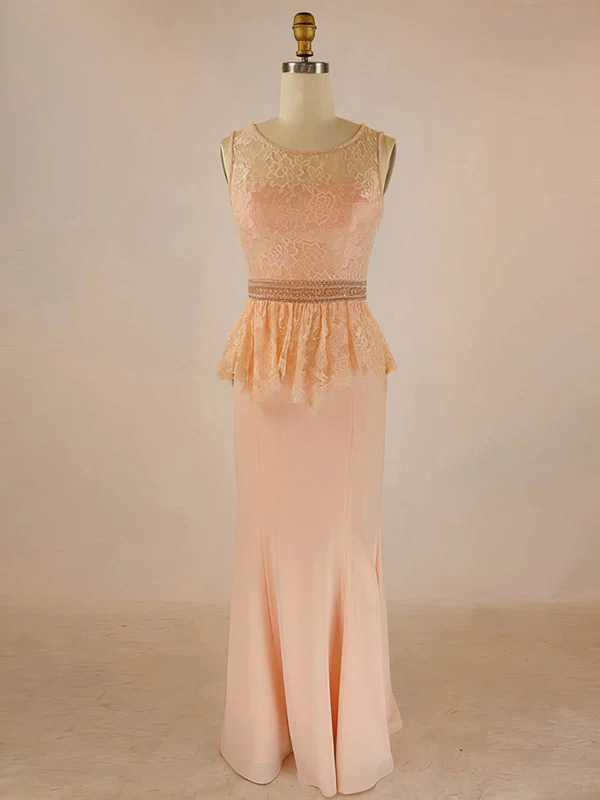 Sheath/Column Scoop Neck Lace Chiffon Floor-length with Beading Prom Dresses #Milly020104014