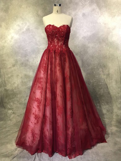 Ball Gown Sweetheart Lace Tulle Court Train Appliques Lace Prom Dresses #Milly020104118