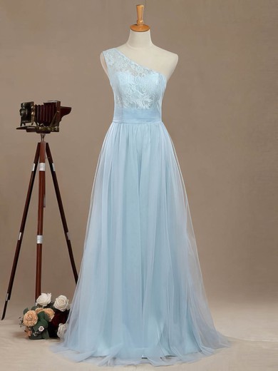 A-line One Shoulder Tulle Floor-length with Lace Bridesmaid Dresses #Milly01013390