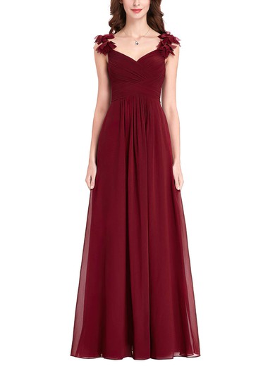A-line V-neck Chiffon Floor-length with Flower(s) Bridesmaid Dresses #Milly01013393