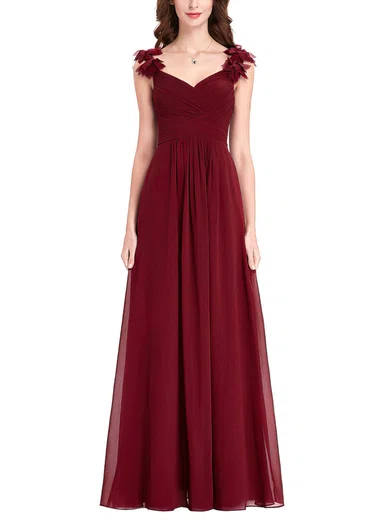 A-line V-neck Chiffon Floor-length with Flower(s) Bridesmaid Dresses #Milly01013393