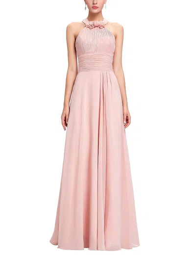 A-line Halter Chiffon Floor-length with Flower(s) Bridesmaid Dresses #Milly01013396