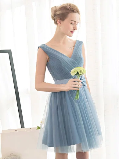 A-line V-neck Tulle Short/Mini with Sashes / Ribbons Bridesmaid Dresses #Milly01013399